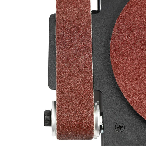 Close-up of the sanding belt on the Killer 3in1 Mini Belt Disc Sander Built Tough With Variable Speed Settings and Auto Spring Tension.