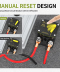 Heavy Duty 50 Amp DC Circuit Breaker With M8 Studs And 6 AWG Lugs Slick Waterproof Manual Reset Switch showing working and stop positions.