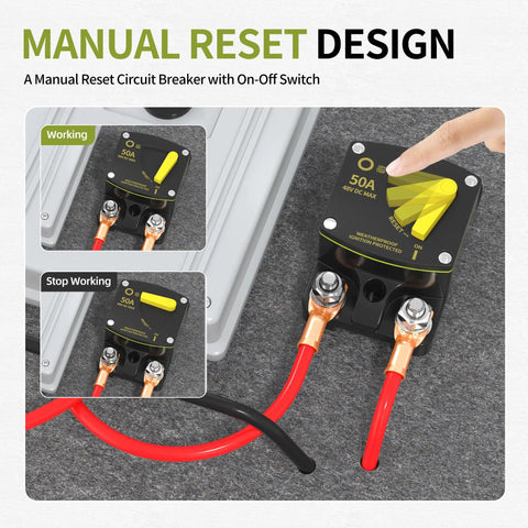 Heavy Duty 50 Amp DC Circuit Breaker With M8 Studs And 6 AWG Lugs Slick Waterproof Manual Reset Switch showing working and stop positions.