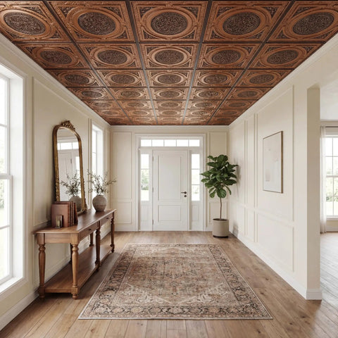 Steampunk PVC Ceiling Tile 2x2 Antique Copper Covering 40 Sq Ft Lay In Or Glue Up Embossed Design visible in stylish hallway