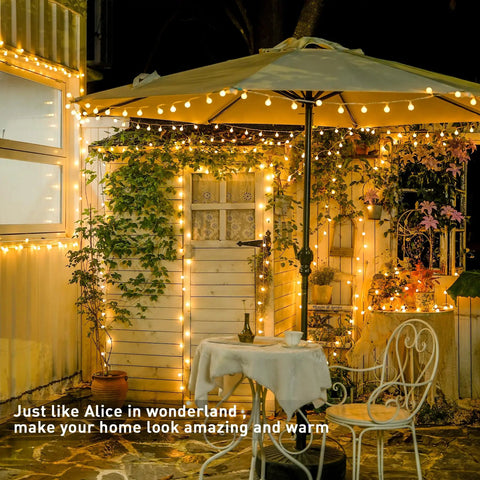 Outdoor patio with 100 LED Globe String Lights Indoor Outdoor 33ft Warm White With Remote Connectable Fairy Lights for decor