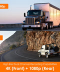Dual 4K Front And 1080P Rear Dash Cam With GPS WiFi captures truck and SUV driving, highlighting recording quality.