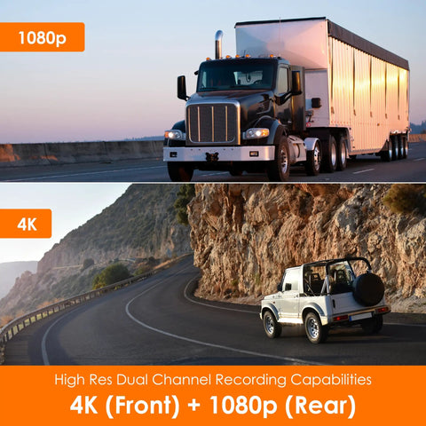 Dual 4K Front And 1080P Rear Dash Cam With GPS WiFi captures truck and SUV driving, highlighting recording quality.