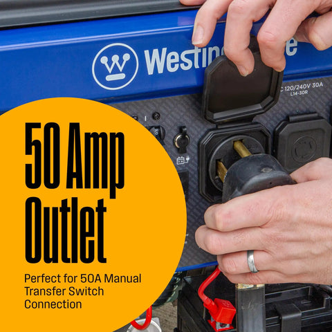 Connecting plug to 50 Amp outlet on Tri-Fuel Portable Generator With Remote Electric Start, Transfer Switch Ready