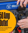Gas Powered Portable Backup Generator With Remote Start And Auto Choke showing 50 Amp outlet connection.