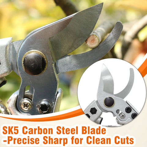 Close-up of SK5 Carbon Steel Blade on 8 Inch Bypass Pruning Shears Pro Grade Garden Scissors With Sharp SK5 Carbon Steel Blade And Teflon Coating Easy Lock Cuts Up To Three Quarters Inch Branches And Stems Lightweight Durable Pruner For Precise Garden Trims