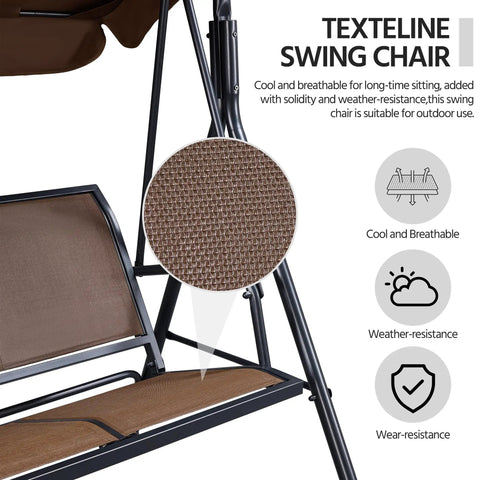 Texteline seat details of Three Seat Outdoor Porch Swing With Adjustable Canopy, Armrests And Included Stand, Cozy Breathable Fabric Patio Swing For Backyard Garden Or Balcony, Perfect For Chillin With Family On Sunny Days.