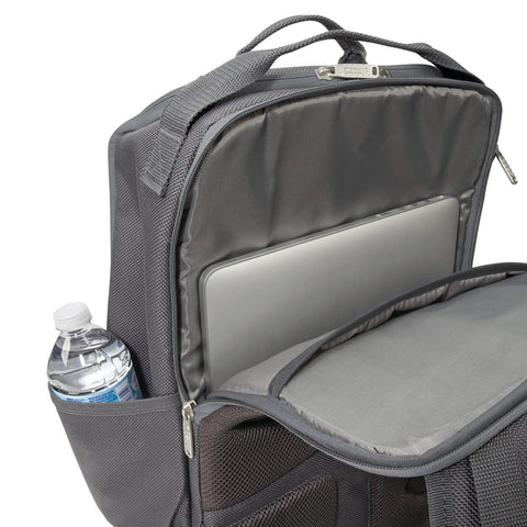 20 Inch Hard Bottom Tool Backpack with open compartment showing padded sleeve, bottle pocket, durable 1800D polyester and leather exterior.