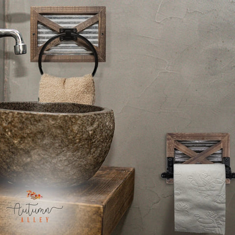 Rustic Farmhouse Toilet Paper Holder Wall Mount In Warm Brown Wood With Galvanized Metal And Black Finish for bathroom decor
