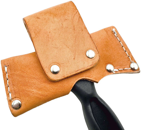 Close-up of Five In One Survival Hatchet Head with leather sheath, visible rivets, and partially visible handle.
