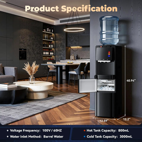4-In-1 Water Dispenser With Ice Maker For Home And Office Hot Cold And Room Temp Water Plus Fast Ice Top Loading 2 To 5 Gallon Bottle Fit Child Safety Lock Space Saving Water Cooler in modern living space