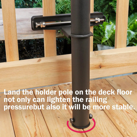 Stainless Steel Deck Rail Umbrella Mount For Patio Tables And Offset Umbrellas, adjustable base shown gripping deck