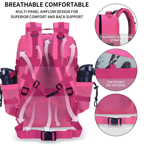 Beefy Military Tactical Backpack 45L 25L With MOLLE Daypack, rear view showing airflow mesh and adjustable straps, pink color