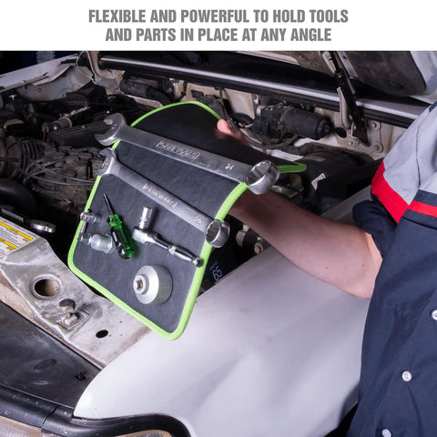 Person using Magnetic Tool Pad 12.5 x 9.75 Inch Flexible Magnet Tray in Green and Black on vehicle engine for tool organization.