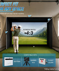 Golfer using Golf Simulator Enclosure 10 x 8 Ft With Dual Layer Impact Screen Anti Rebound Hitting Cage for indoor practice.
