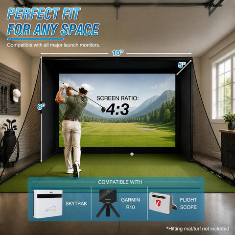 Golfer using Golf Simulator Enclosure 10 x 8 Ft With Dual Layer Impact Screen Anti Rebound Hitting Cage for indoor practice.