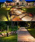 All In One Low Voltage Landscape Lighting Kit With Transformer And Dusk To Dawn Sensor, 12 Pack Aluminum Path Lights illuminating a yard