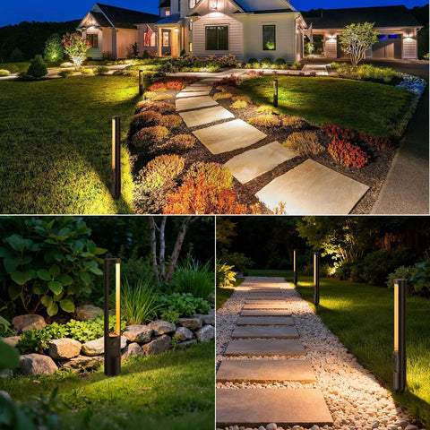 All In One Low Voltage Landscape Lighting Kit With Transformer And Dusk To Dawn Sensor, 12 Pack Aluminum Path Lights illuminating a yard
