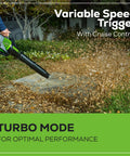 No Hassle 60V Cordless String Trimmer And 540 CFM Air Blower Yard Work Combo Set featuring a user controlling the blower with leaves being blown away.