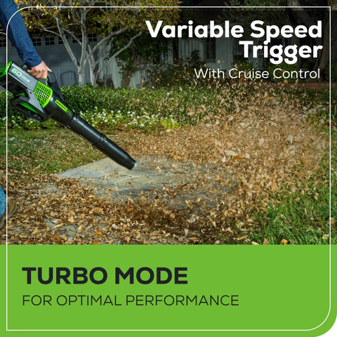 No Hassle 60V Cordless String Trimmer And 540 CFM Air Blower Yard Work Combo Set featuring a user controlling the blower with leaves being blown away.