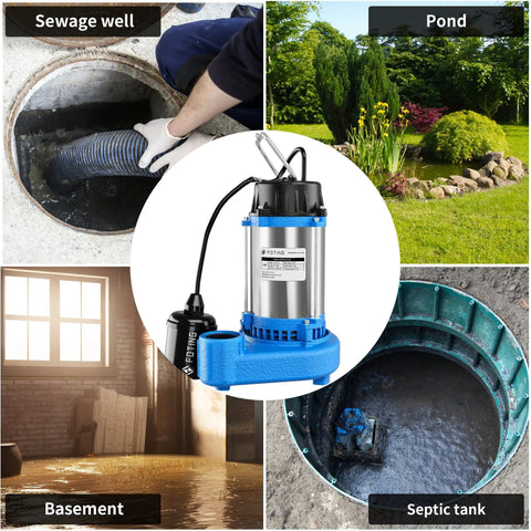 Collage showing 1HP 6000 GPH Submersible Sump Pump For Sewage And Effluent Built Tough In Cast Iron 115V Residential Septic Pump