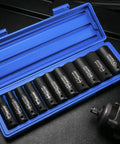 1/2-Inch Drive Deep Impact Socket Set Cr-V 6-Point 11 SAE Sockets With Heavy-Duty Pro-Grade Build in blue storage case