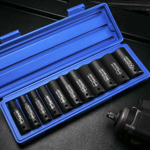 1/2-Inch Drive Deep Impact Socket Set Cr-V 6-Point 11 SAE Sockets With Heavy-Duty Pro-Grade Build in blue storage case