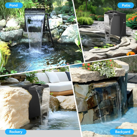 Easy Install Pond Waterfall Spillway Kit With 660 GPH Pump in garden and backyard setups showcasing water features.