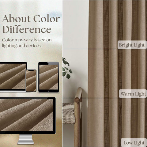 Farmhouse Tan Brown Linen Curtains 102 Inches Long 2 Panels With Pinch Pleat Drape Hooks showing color differences in lighting