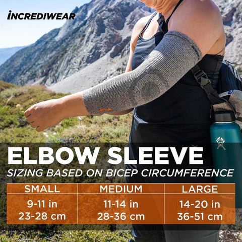 Person wearing elbow sleeve for joint pain relief and inflammation reduction with circulation boost during hiking