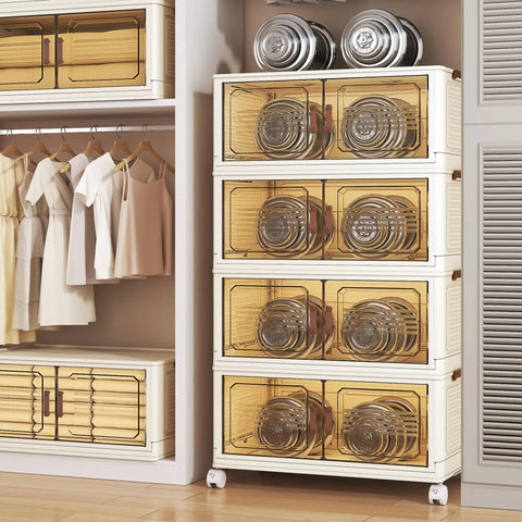 Extra Large Lockable Stackable Storage Bins With Lids On Wheels, 5-Tier Collapsible Plastic Organizer Bins For Closet