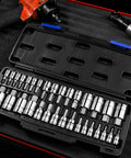 32 Piece Hex Bit Socket Set For SAE And Metric With Hardened S2 Alloy Steel And Cr V Bits Chrome Plated Mirror Finish Includes Durable Plastic Case For Home Shop And Pro Grade DIY Ready in open black case showing socket arrangement