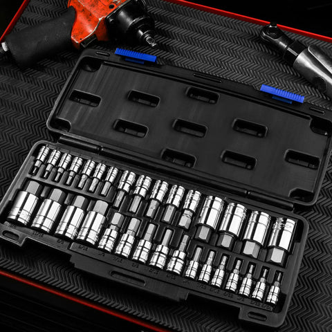32 Piece Hex Bit Socket Set For SAE And Metric With Hardened S2 Alloy Steel And Cr V Bits Chrome Plated Mirror Finish Includes Durable Plastic Case For Home Shop And Pro Grade DIY Ready in open black case showing socket arrangement