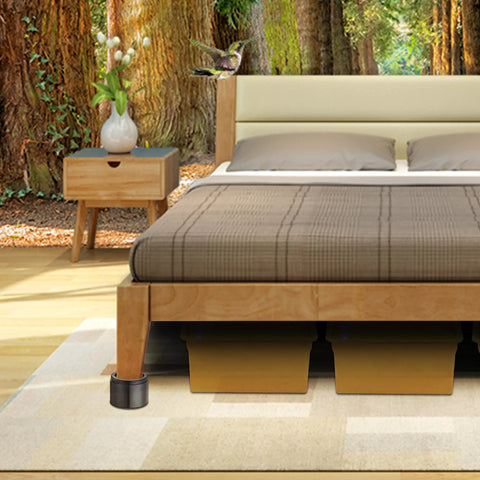 Bedroom scene with bed on Bed Risers 3 Inch Lift Round Heavy Duty 4 Pack Elevates Up To 10000 Lbs Per Leg Safe Sturdy Base