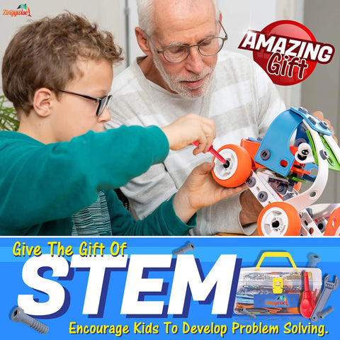 7 In 1 Mechanical Building Kit For Kids Aged 7 To 12, 171 Piece Construction Set With Bonus Model And 25 Spare Parts, Build 7 Cars And More For Hands On Engineering Fun, The Ultimate Birthday Gift. Boy and man assembling model car