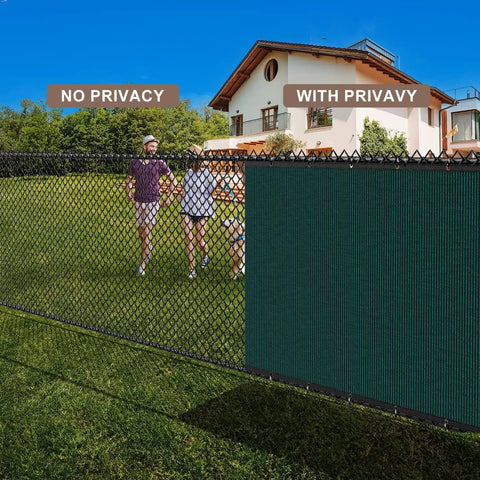 Heavy Duty Privacy Fence Screen 4x50 Ft Mesh Shade Net 170GSM With 90 Percent Blockage For Wall Garden Yard Backyard And Construction Sites Dark Green Weather Resistant And UV Stabilized For All Season Use installed on a fence