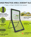 Backyard Lax Rebounder Net With 7x4 Foot Practice Area displayed outdoors highlighting features like five adjustable angles and durability.