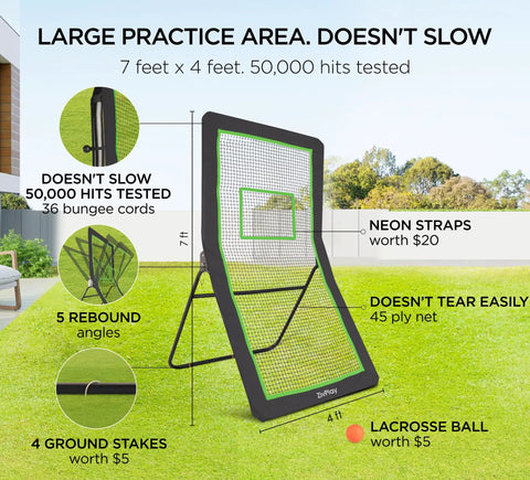 Backyard Lax Rebounder Net With 7x4 Foot Practice Area displayed outdoors highlighting features like five adjustable angles and durability.