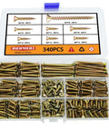 Open box showing M4 Flat Head Wood Screws Set 340 Pcs Philips Drive Countersunk Self Tapping Screws Yellow Zinc Finish, labeled compartments.