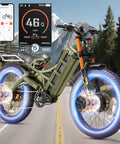 2025 Dual Motor Electric Bike For Adults 46 Mph Peak Speed 52V 70Ah Battery 200 Mile Hella Long Range 26 Inch Fat Tire Full Suspension Hydraulic Brakes Built Different Adult Ebike in green with digital display and glowing tires.