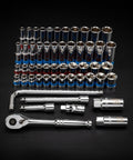 3/8 Inch Drive Socket Set With Quick Release Ratchet And 90 Tooth, 43 Piece Standard And Deep Metric Sockets, chrome vanadium