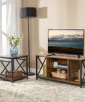 Smooth Industrial Side Table With Built Tough X Frame And Rustic Brown Wood Top offers two tier storage shelf beside a sofa.