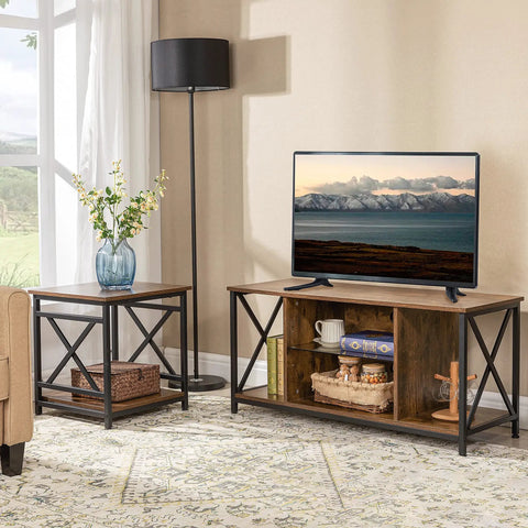 Smooth Industrial Side Table With Built Tough X Frame And Rustic Brown Wood Top offers two tier storage shelf beside a sofa.