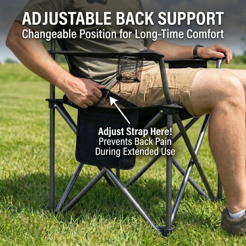 Two Pack Oversized Padded Camping Chairs With 25.2 Inch Extra Wide Seat And Adjustable Lumbar Support shown with strap adjustment