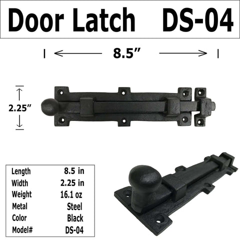 Vintage Black Wrought Iron 8 Inch Slide Door Bolt Latch For Barn Doors And Gates, antique reproduction with mounting screws