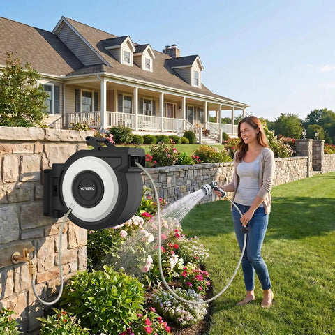 Woman using Retractable Garden Hose Reel 100Ft Wall Mount Heavy Duty Auto Rewind with Brass Fittings for garden watering