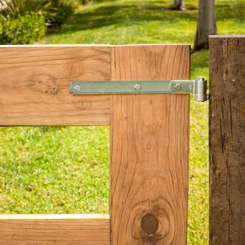Heavy Duty 16 Inch Gate Hinge Strap Made From Steel With Zinc Plated Weather Guard Coating For Outdoor Fence And Wood Gate Applications Pre Punched For Three Eighths Inch Bolts Built To Stand Up To Weather And Everyday Use on wood gate