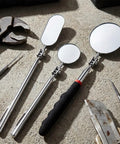 Pro Grade Telescoping Inspection Mirror Kit Stainless Steel Extendable Handle With Rotating Head For Mechanics Dentists Auto And Boat Three Size Set 1.96 Inch Round 1.18 Inch Round And 1.02x1.96 Inch Oval Mirrors, three mirrors on floor