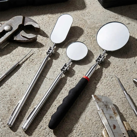 Pro Grade Telescoping Inspection Mirror Kit Stainless Steel Extendable Handle With Rotating Head For Mechanics Dentists Auto And Boat Three Size Set 1.96 Inch Round 1.18 Inch Round And 1.02x1.96 Inch Oval Mirrors, three mirrors on floor