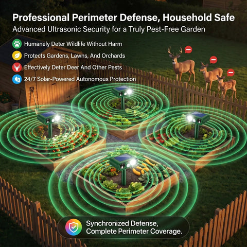Solar Ultrasonic Animal Deterrent 4 Pack With Motion Sensor And Strobe Light Waterproof Outdoor Yard Defender around garden beds and fence